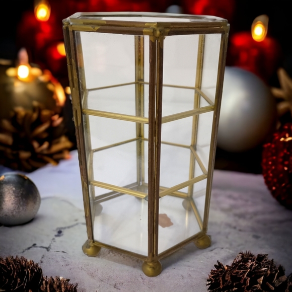 Vintage Glass Curio Cabinet Mini Brass Octagon 70s 80s Jewelry Trinket Box - Picture 10 of 16